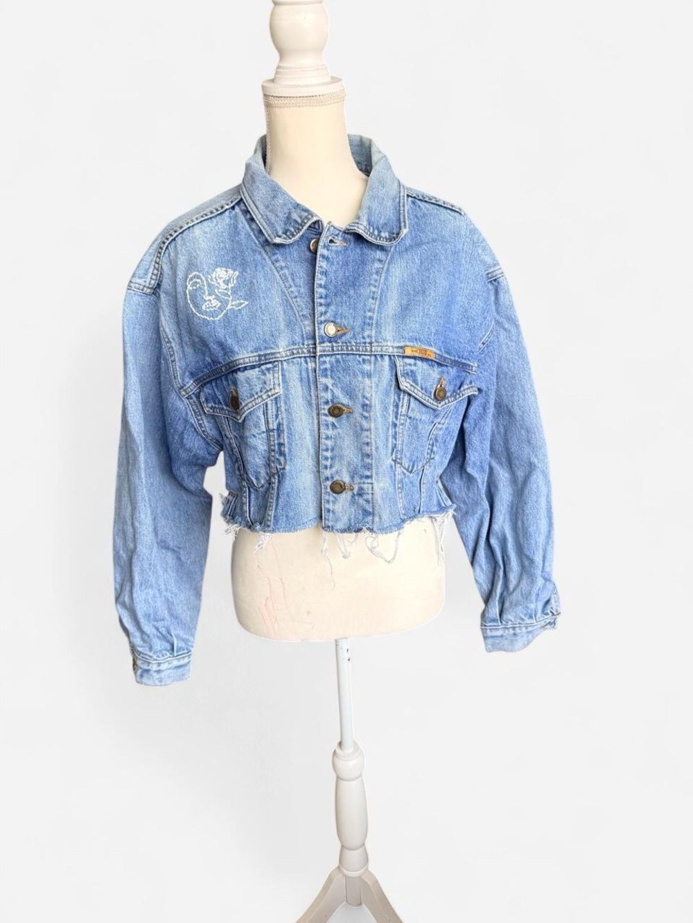 Cropped Light Wash Denim Jacket with Embroidered Detail - Women